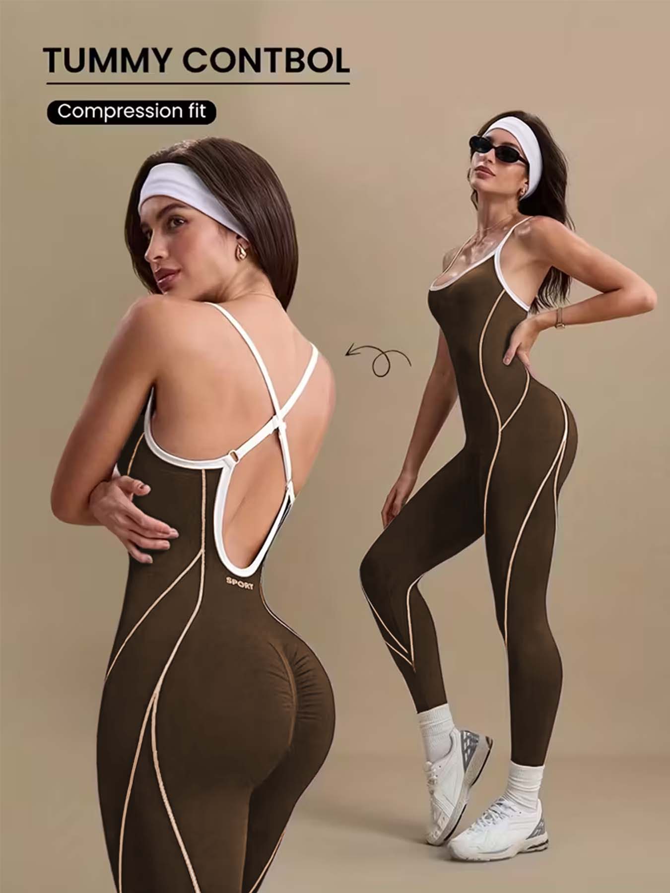 Pilates Ankle Strap - Kadın Kahverengi Göbek Kontrolü Yoga Tulumu